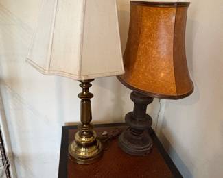 Pair of Traditional Brass Candlestick and Dark Metal Table Lamps