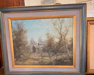 Oil Painting by L. Hughes, Landscape with Cabin