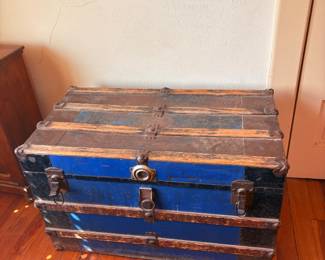 Antique Blue Vulcanized Fiber and Wood Steamer Trunk