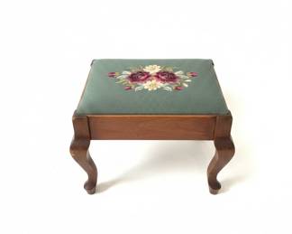 Vintage Needlepoint Footstool with Floral Motif and Cabriole Legs