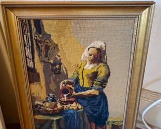 Framed Needlepoint Tapestry of Vermeers The Milkmaid