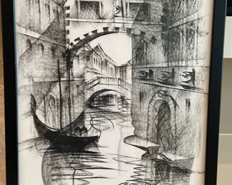 Black charcoal, print of the grand Canal in Venice. Signed by artist.