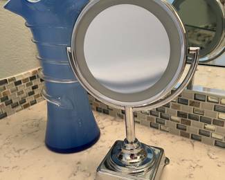Hand blown blue glass vase and two sided mirror