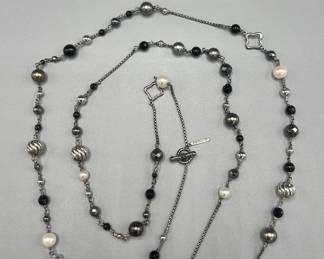 David Yurman 42 inch long, black spinel, pearl and sterling silver necklace