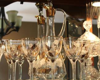 Mid-Century Crystal and Gold-Gilt Etched Floral Decanter W/ Stemware