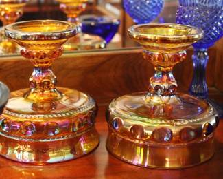 Vintage Carnival Glass Candlestick Holders (Kings Crown Pattern)