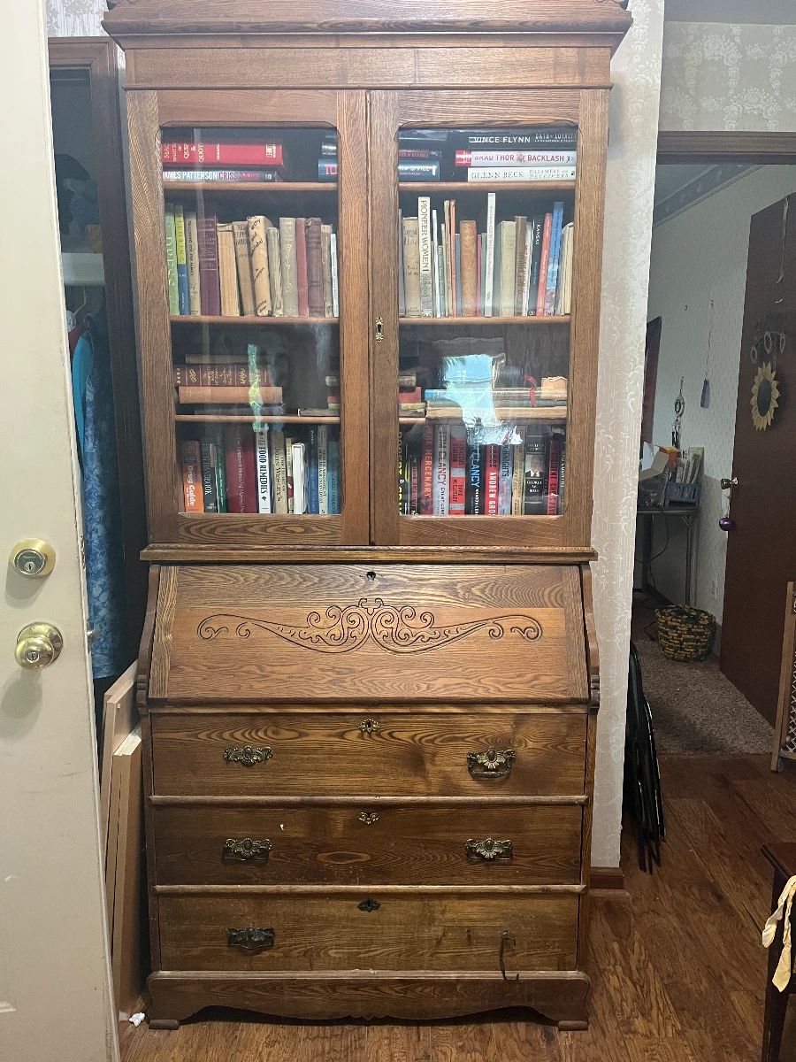 Antique hutch, antique books, newer hardbacks, kids' books