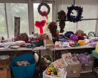 Holiday decorations, Christmas tableware, paper plates and tableware assortment, Christmas lights
