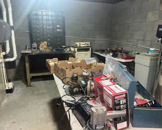 Power tools, handheld tools, nails, screws, vintage art supplies and cabinet
