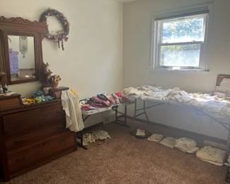 Antique dresser, vintage handkerchiefs, linens