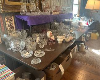 Vintage crystal, Fostoria, glass egg, depression glass, china sets