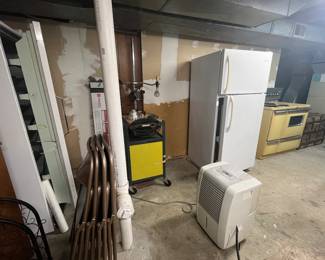 Freezer, refrigerator/freezer, art cart, vintage stove, wine rack, antique trunk (dehumidifier NOT for sale)
