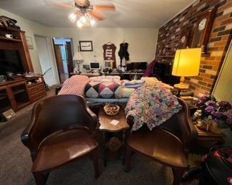 Barrel back chairs, lamps, side tables