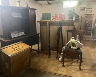 Vintage liquor cabinet, vintage slide projector and other slide paraphernalia
