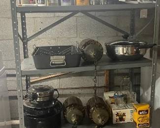 Cleaning supplies, cookware, vintage lights
