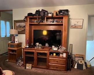 Crossley record player/CD/radio system, vintage cameras, newer cameras, TV entertainment center
