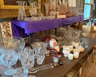 Fostoria American, vintage lead crystal, china, pressed and cut glass pieces, cream and sugars