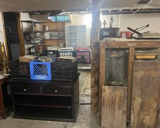 Antique icebox, TV stand, vintage records