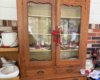 Antique hutch,  porcelain enamelware, Christmas decorations