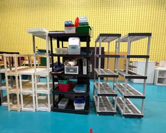 Assorted Heavy-Duty Modular Plastic Storage Shelving Units and Bins