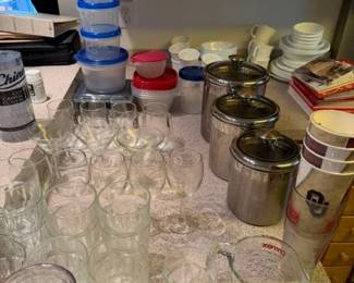 LOTS of kitchen items - glasses, cups, plates, bowls, silver wear, tupperwear, kitchen appliances, etc.