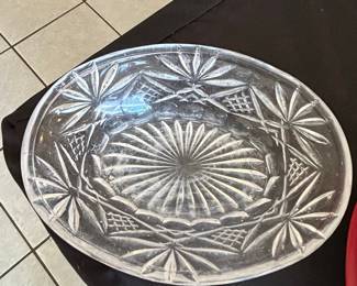 Vintage Cut Glass Oval Serving Bowl with Sunburst and Star Pattern