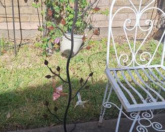 Vintage Metal Tree Stand with Leaf Accents and Glass Hummingbird