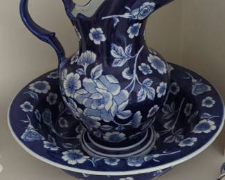 Blue and White Floral Wash Basin and Pitcher Set - Victoria Ware Style