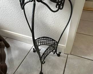 Vintage Wrought Iron and Rattan Plant Stand