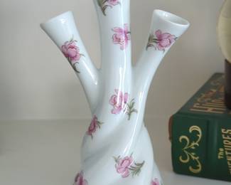 Leclair Limoges France Three-Spout Bud Vase with Pink Floral Motif
