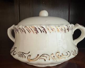 Handmade Porcelain Covered Vegetable Dish or Tureen with Gold Accents
