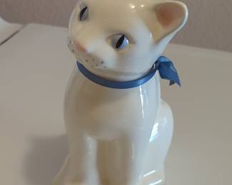 Vintage Ceramic Cat Planter with Blue Ribbon