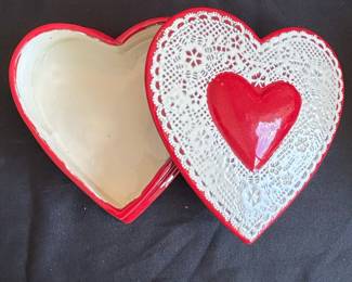 Red Ceramic Heart Trinket Box with White Lace Relief and Red Heart Accent