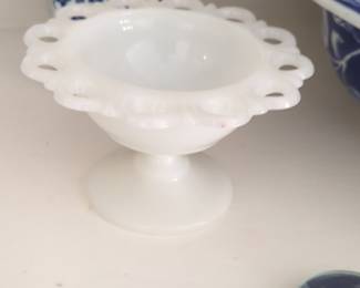 Anchor Hocking Old Colony Milk Glass Open Lace Edge Compote