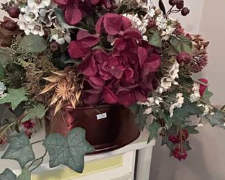 Artificial Floral Arrangement with Burgundy Hydrangeas in Copper-Tone Metal Planter