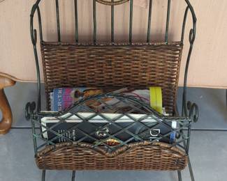 Vintage Wrought Iron and Wicker Magazine Rack with Scrollwork and Paw Feet