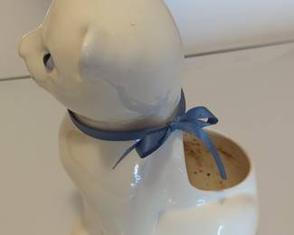 Vintage Ceramic Cat Planter with Blue Ribbon