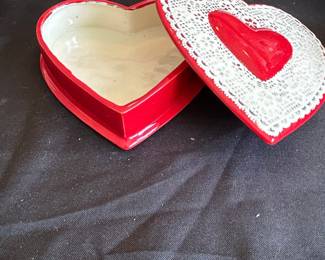 Red Ceramic Heart Trinket Box with White Lace Relief and Red Heart Accent