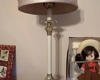 Vintage Brass and White Column Table Lamp with Drum Shade