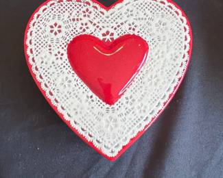 Red Ceramic Heart Trinket Box with White Lace Relief and Red Heart Accent