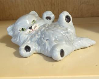 Vintage Light Blue Glazed Ceramic Cat Figurine