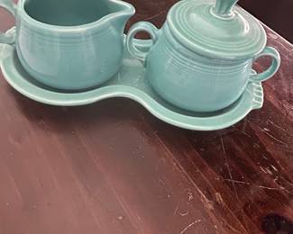Fiesta Turquoise Creamer, Sugar Bowl with Lid, and Tray Set