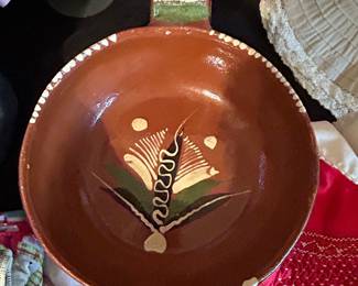 Vintage Mexican Tlaquepaque Hand-Painted Redware Bowl with Handle