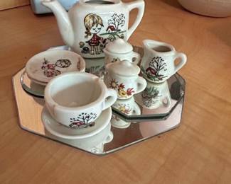 Vintage Miniature Ceramic Tea Set with Folk Art Illustrations and Mirror Tray