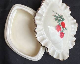 Vintage Porcelain Rose Trinket Box with Ruffled Gold Trim