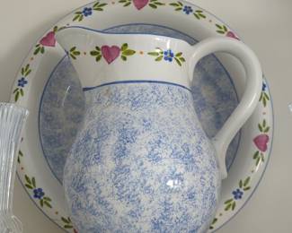 Portuguese Pottery Pitcher and Basin Set with Blue Sponge and Floral Heart Border