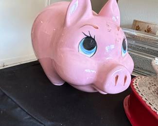 Vintage Large Ceramic Piggy Bank with Eyelashes