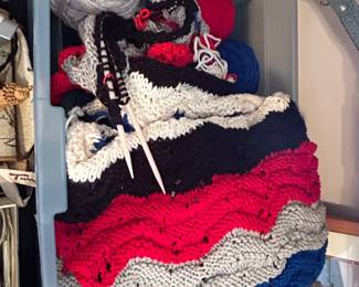 Hand-Knitted Ripple Pattern Blanket - Red, White, Blue, and Grey