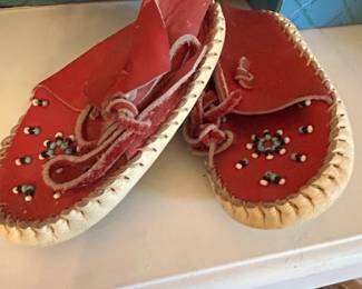 Vintage Red Leather Baby Moccasins with Seed Beadwork