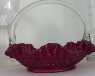 Cranberry Hobnail Glass Basket
